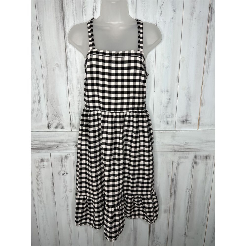 LOFT BLACK WHITE GINGHAM CHECK COTTON LINEN CROSS STRAPS PEPLUM HEM SUNDRESS 2P